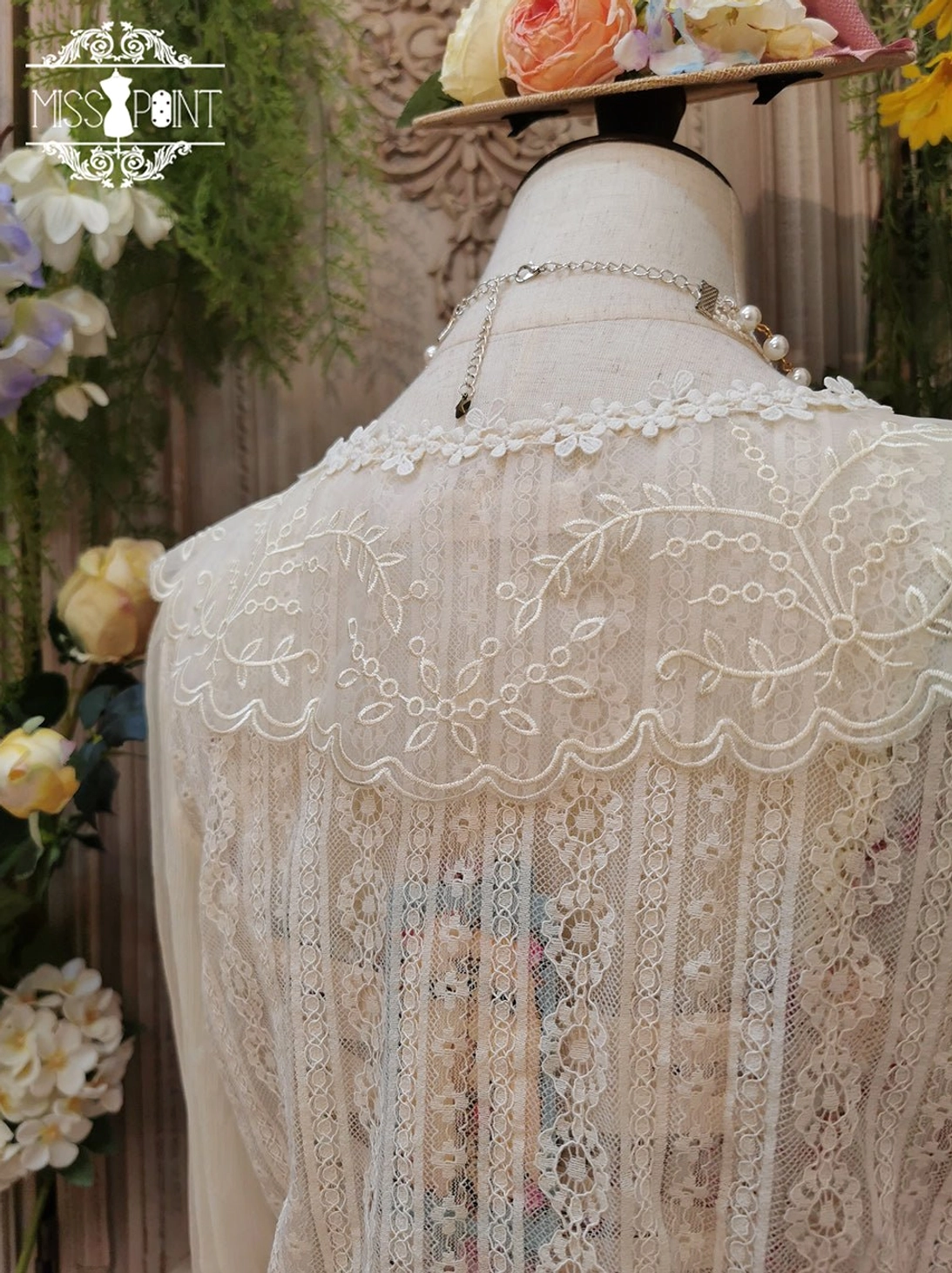 white lolita blouse with brocade silk crease and floral lace front back pattern full body view