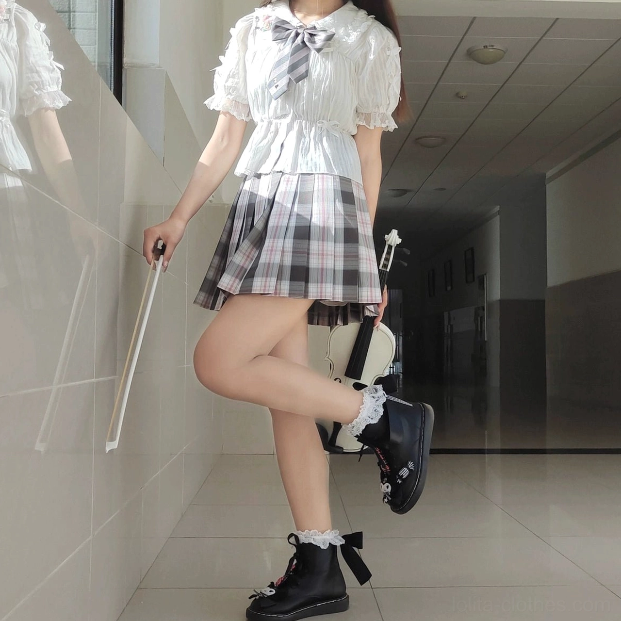 White lolita blouse gray plaid skirt coordinate full body side view female model school hallway lace-up shoes