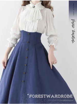 Model wearing white ruffled lolita blouse paired with navy blue high-waisted A-line midi skirt, half-body studio pose showcasing coordinate ensemble and fitted silhouette