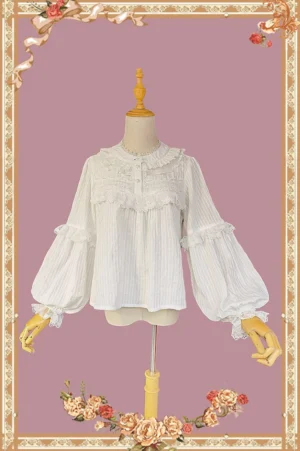 White lolita blouse front display pearl button placket loose A-line silhouette ruffled yoke lace trims sweet style