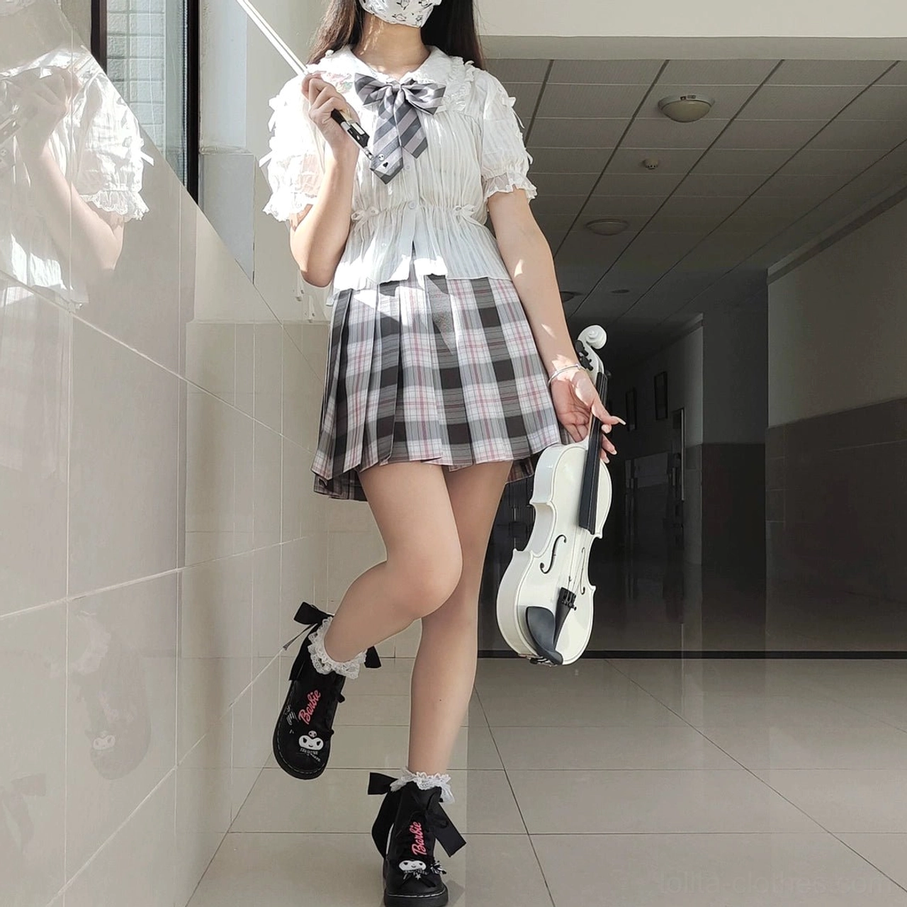 White lolita peter pan collar blouse gray plaid skirt front view female model violin prop school hallway