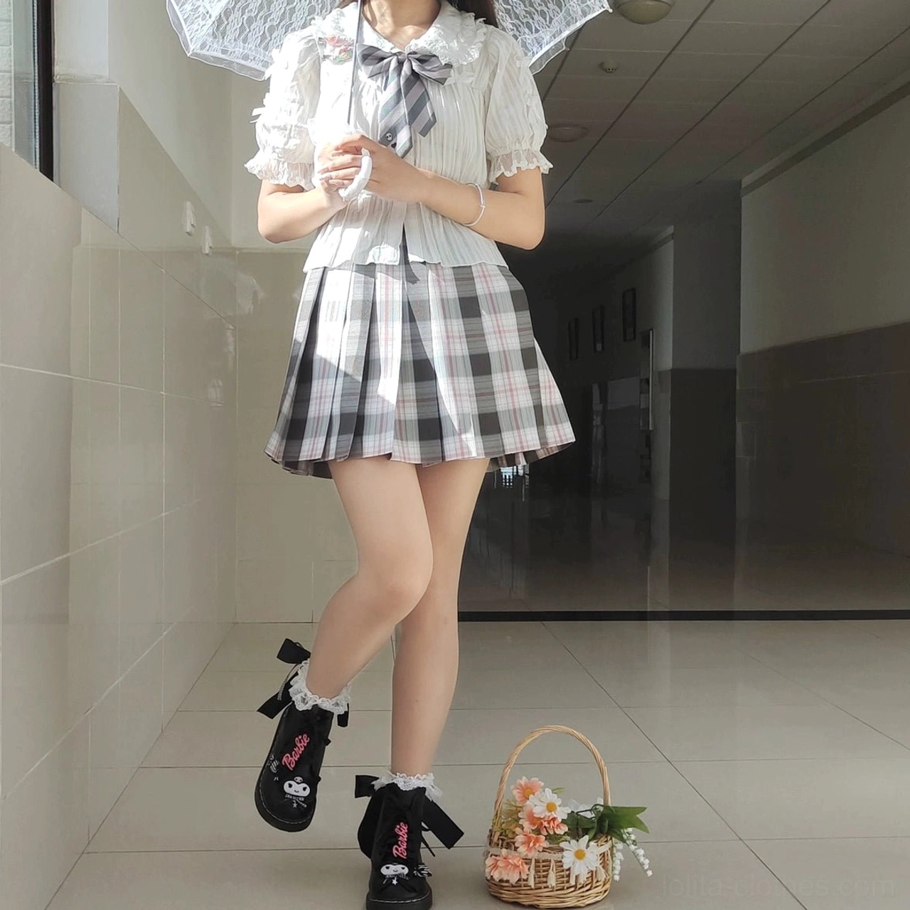 White lolita peter pan collar blouse gray plaid mini skirt full body front view female model flower basket
