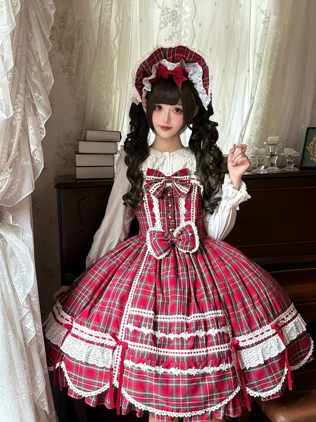 side view three-quarter full-body lolita coordinate white puffed sleeve blouse red tartan dress matching bonnet vintage setting