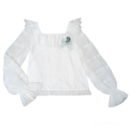 White variant square collar Lolita blouse with voluminous lantern sleeves and lace ruffled trim close-up