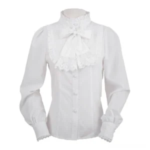 White stand collar puff sleeve Lolita blouse with lace ruffle collar and decorative bow front detail displayed on flat lay