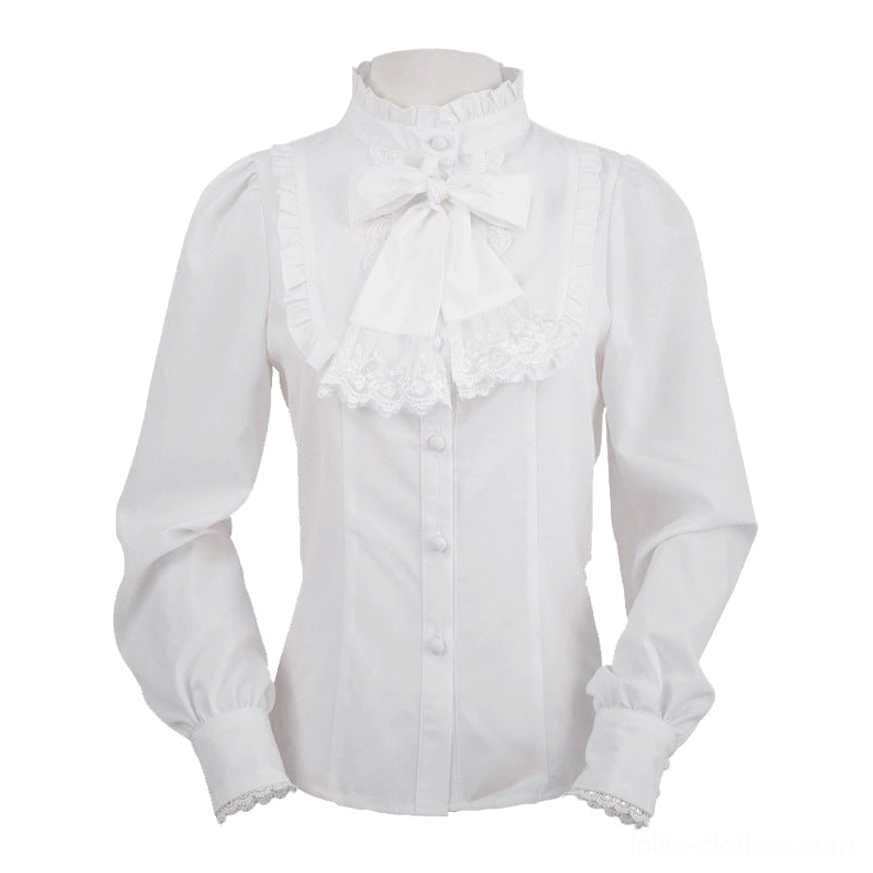 White stand collar puff sleeve Lolita blouse with lace ruffle collar and decorative bow front detail displayed on flat lay