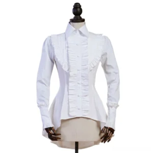 Flat front display of white Gothic Lolita tailed hem blouse on mannequin, showing ruffled placket with pearl buttons, tailored collar, fitted waist, and asymmetric high-low curved hem