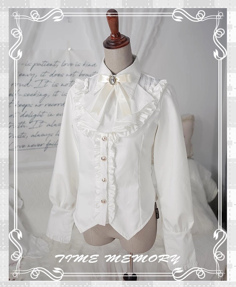 White Lolita blouse with velvet fabric showing luxurious texture puff sleeves and detachable bow tie