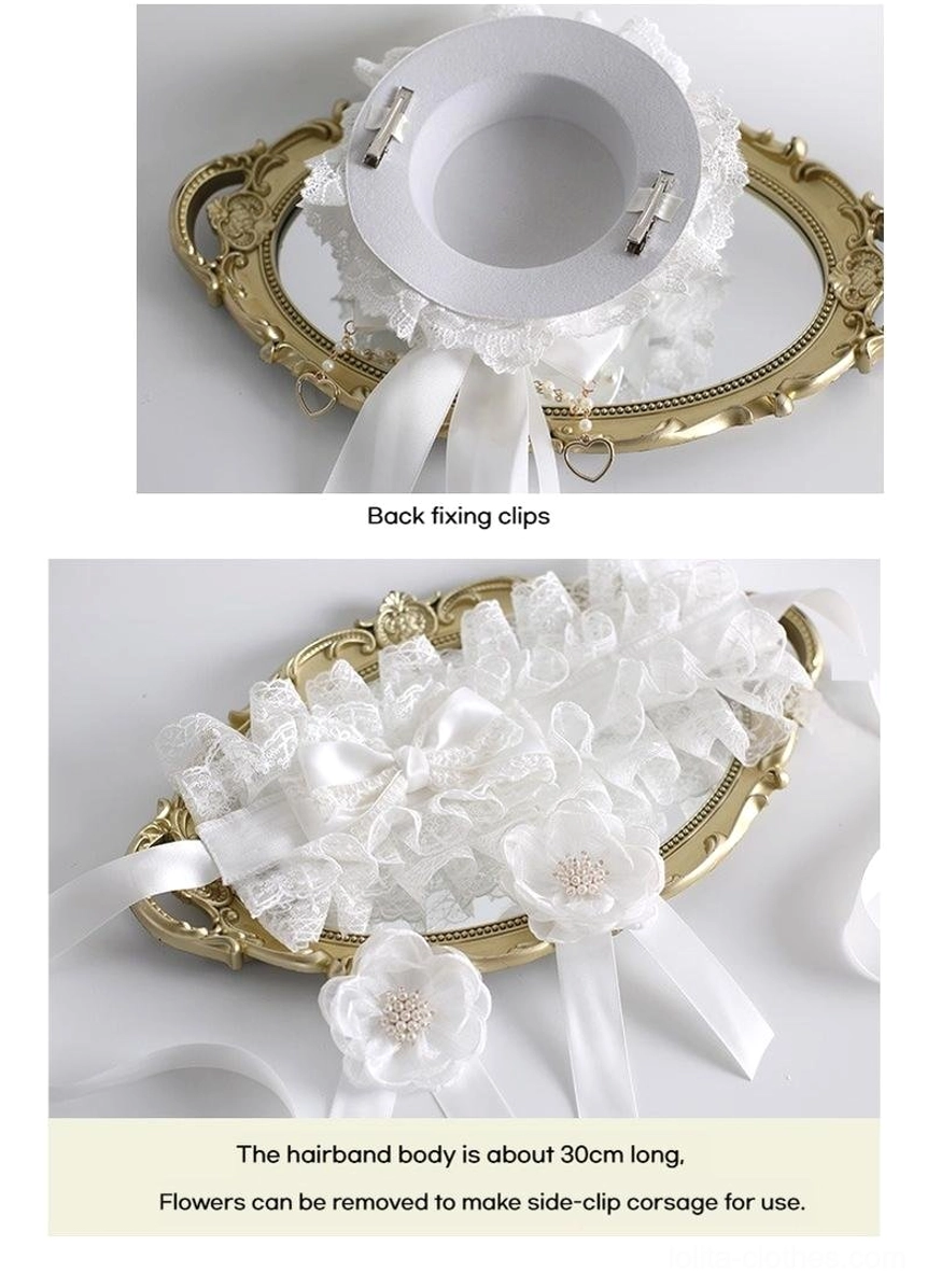 White lolita classic bonnet headdress styling guide showing multiple wearing options with white victorian coordinate dress