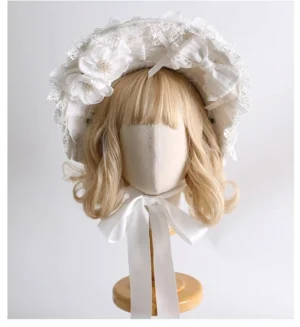 Classic white lolita bonnet headdress with wide ruffled lace brim, satin flowers, pure white front full view on mannequin