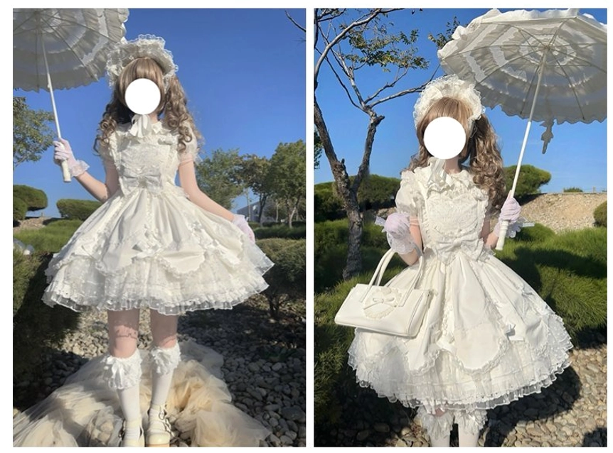 White sweet Lolita bonnet with lace brim decorative bow and candy embellishment detail