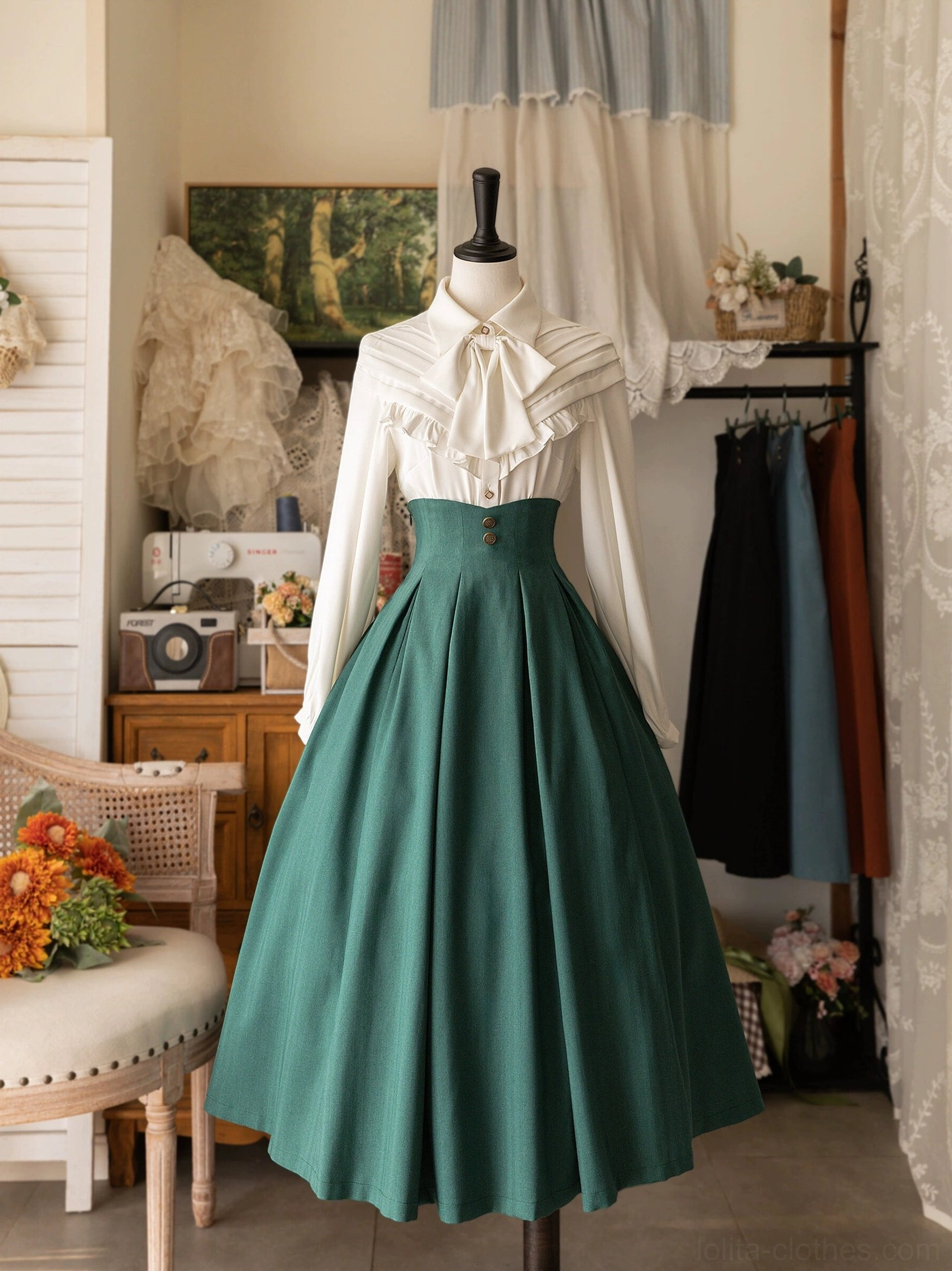 White elegant Lolita bow blouse close-up showing delicate ruffled front yoke, detachable oversized bow, soft lightweight fabric drape, and refined button placket details
