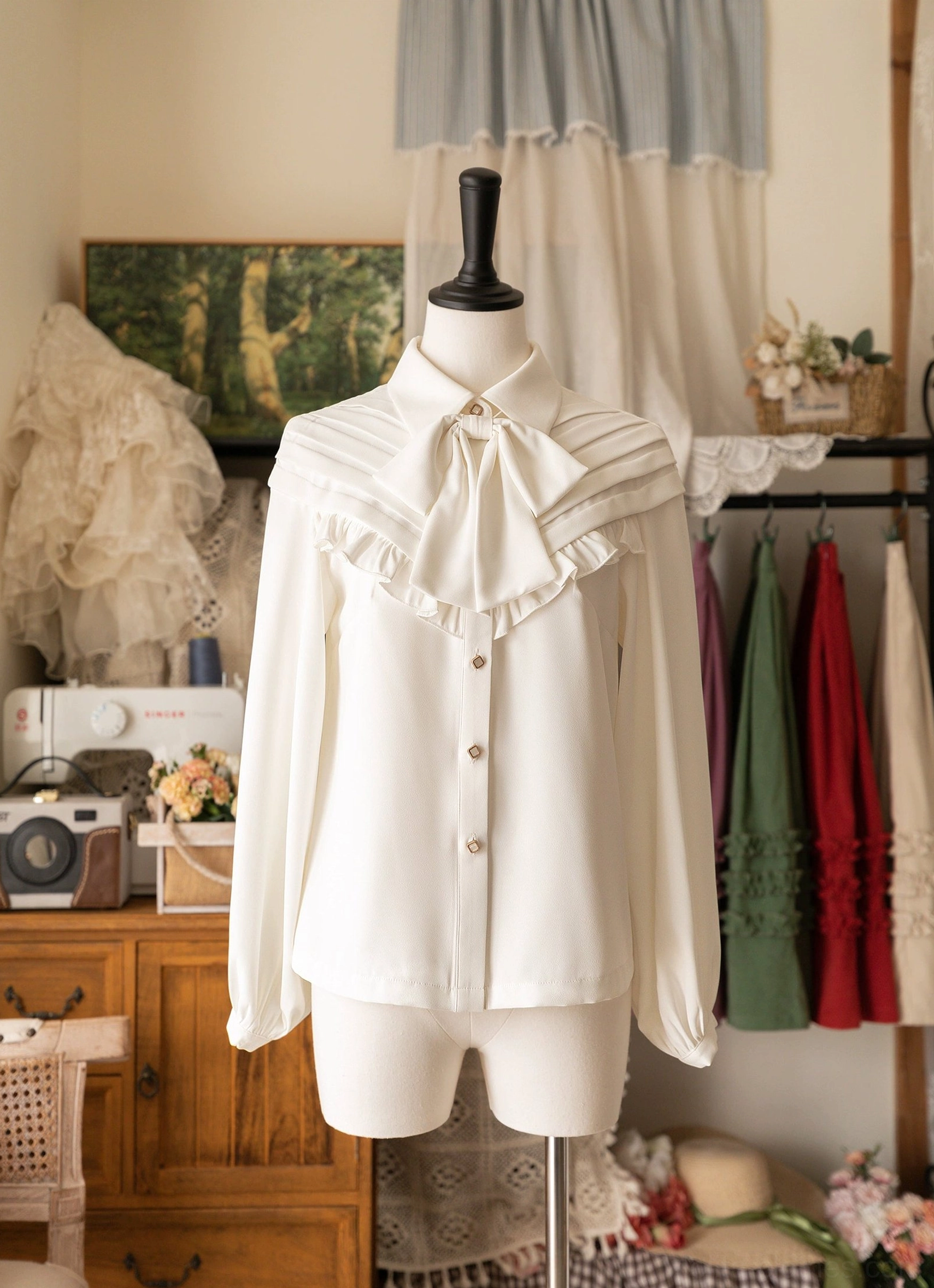 White elegant Lolita bow blouse featuring detachable oversized bow and ruffled neck yoke on dress form, front full view against retro boutique background with lightweight chiffon-like fabric and front buttons
