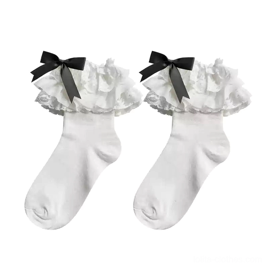 White Lolita bow socks with black bow short version classic contrast high visual impact Mary Jane shoes coordinate pairing