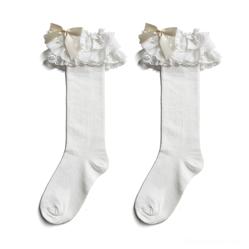 White Lolita bow socks long version pure versatile coordinate flexibility maximum style matching neutral foundation element
