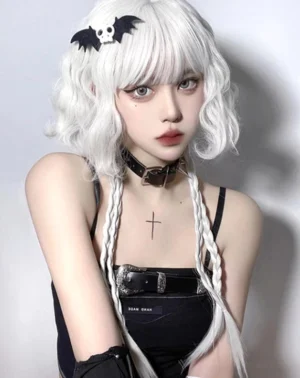 White lolita curly braid wig straight front bust view showing pure white wavy bob with long twin braids on model in black gothic camisole