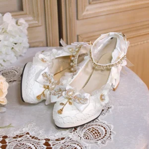 White lolita bridal high heels with gem-embedded floral accents chunky square block heel lace overlay front view