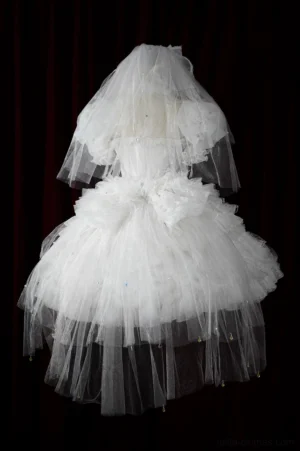 White Lolita wedding veil set back view with large fabric bow and double-layer bridal veil dress form