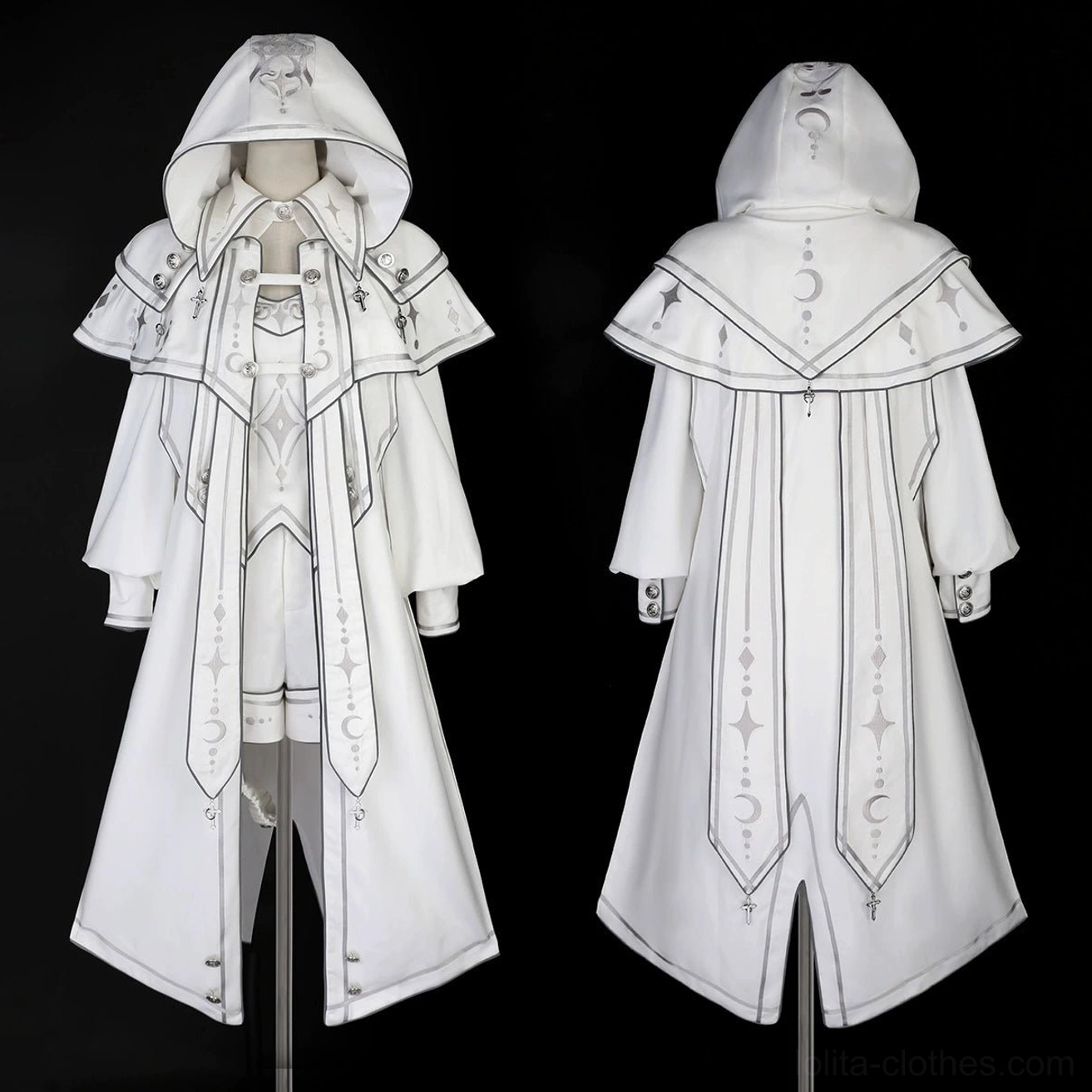 Back view detail of ethereal white lolita ensemble showing cape back construction, silver stitching patterns, irregular hemline asymmetrical cut, and flowing fabric movement