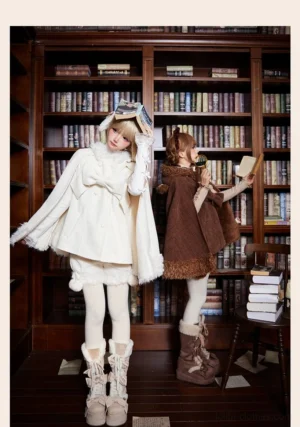 White lolita winter cape outfit with large front bow and fluffy plush trim hem paired with matching shorts and white tights, side angle display in vintage library study room aesthetic