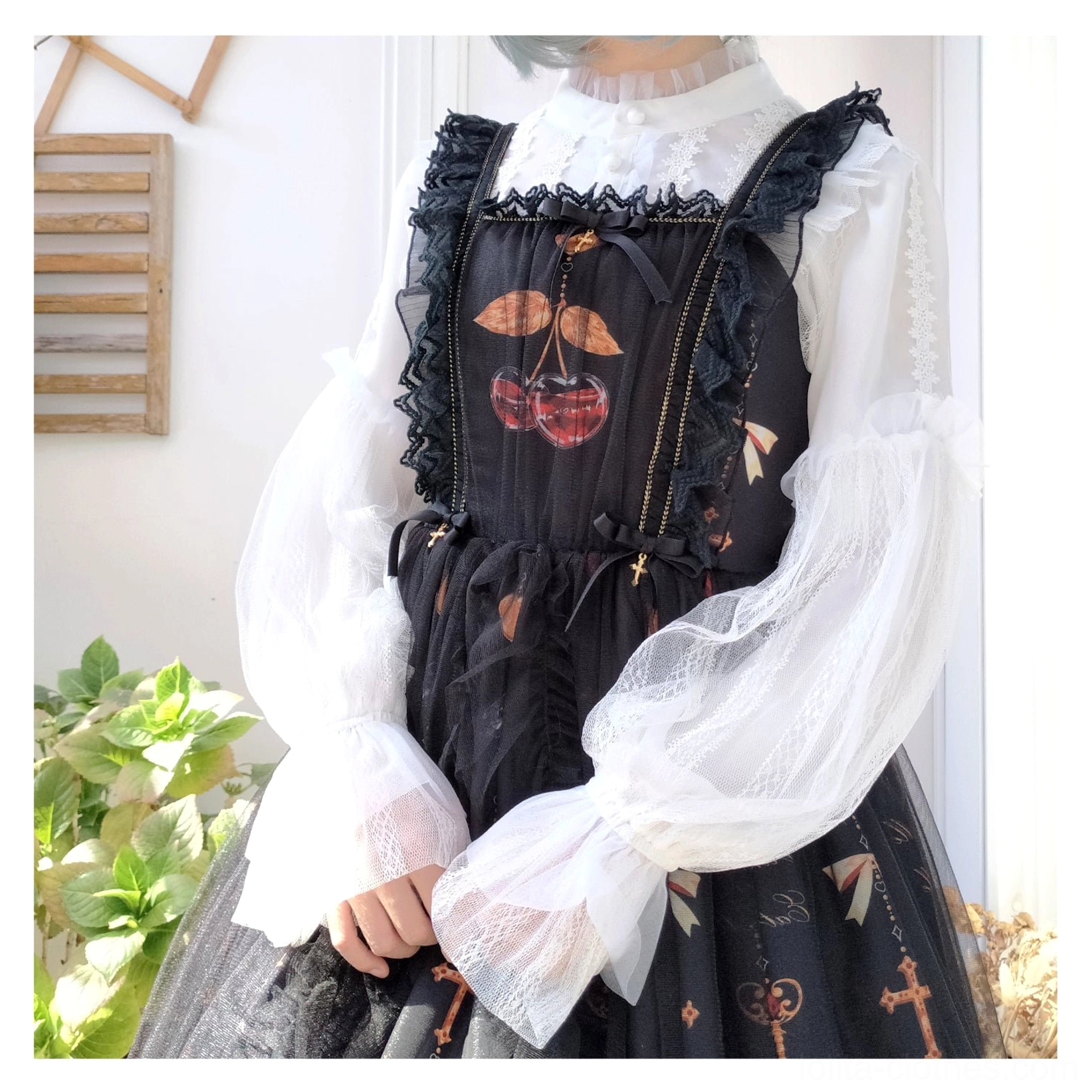 White lolita chiffon blouse with cherry blossom inspired aesthetic perfect for romantic sweet lolita coordinates and vintage-inspired Japanese fashion looks