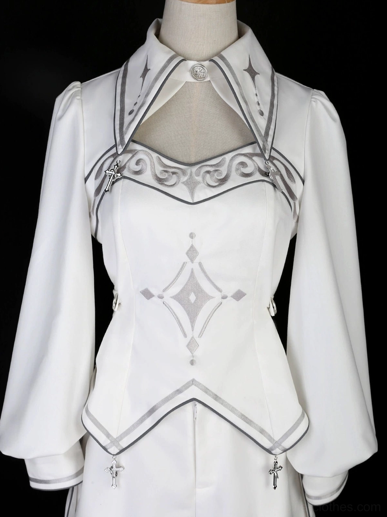 Fabric close-up of premium white serge material with 100D stretch lining showing texture, weave quality, durability, and superior craftsmanship of cyber-lolita cloak set