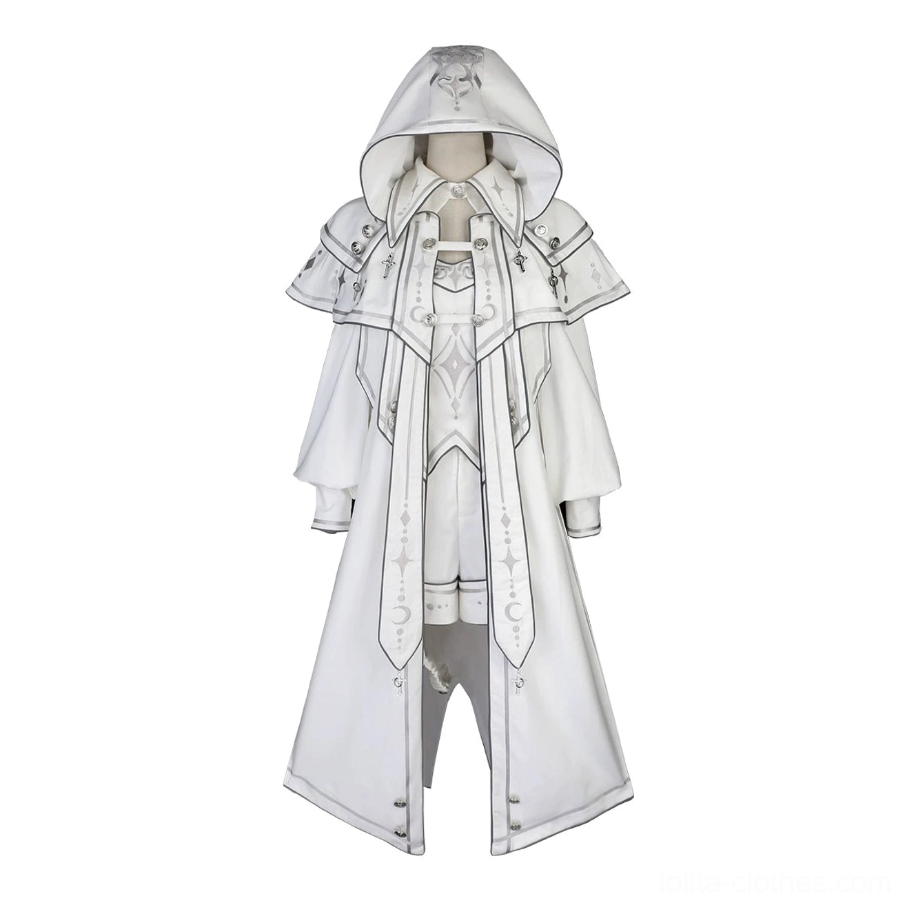 Size comparison showing punk ouji lolita white cloak set in multiple sizes S M L on display forms highlighting proportional fit and silhouette variations
