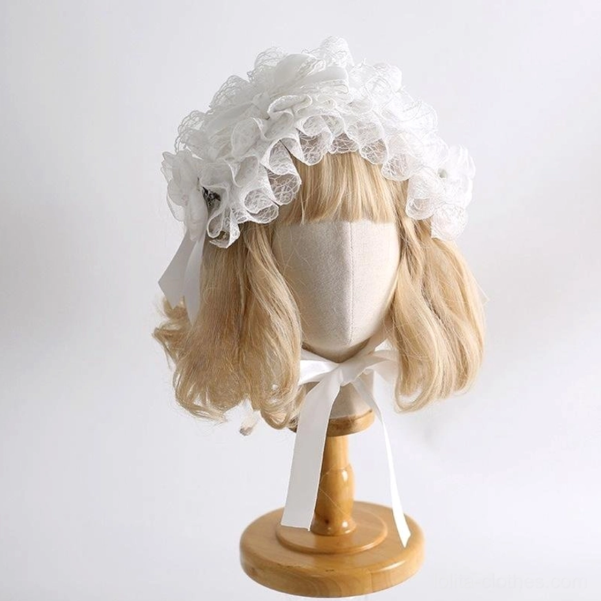White lolita compact lace headband with tight ruffled lace trim, small side satin straps, pure white color front right view