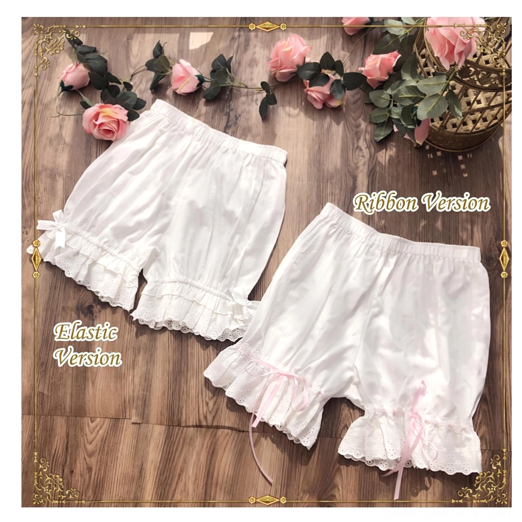 Flat lay presentation comparing white lolita cotton bloomers elastic version and ribbon version variant, showcasing pink satin side ribbon detail, ruffled embroidery lace leg edges, and customization options on vintage wooden table with decorative pink flowers and romantic styling