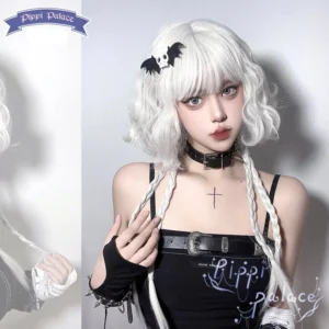 Pure white lolita curly twin braid wig front view on model wearing gothic dark outfit with leather choker and bat skull hair clip