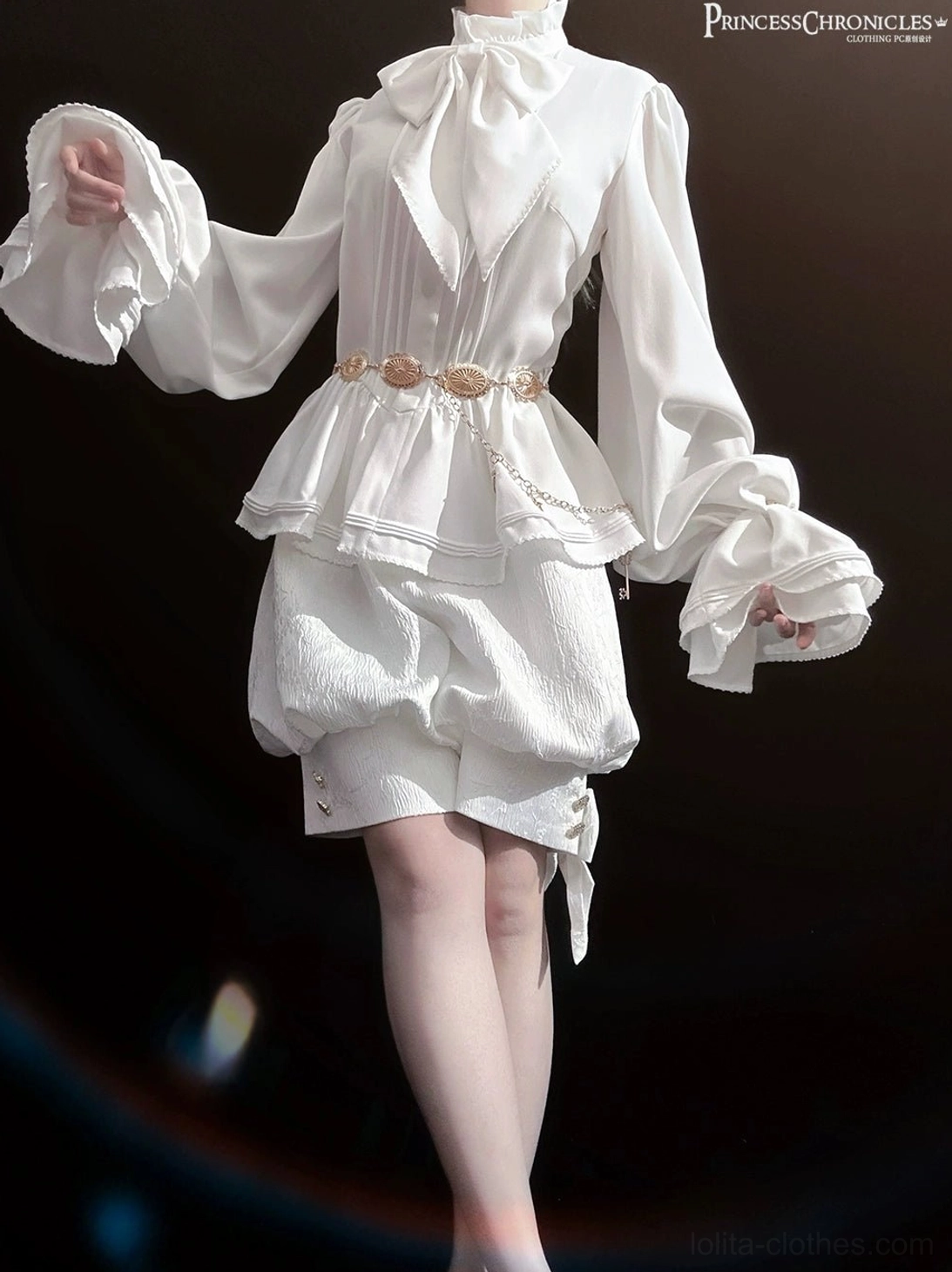Front side three-quarter view of white Ouji lolita coordinate featuring golden metal waist chain at pleated peplum waist with bow neck detail