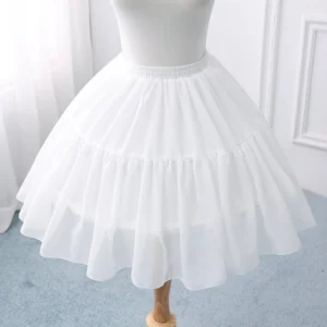 white lolita fishbone bustle petticoat low angle view showing ruffled chiffon layers elastic waist wooden mannequin