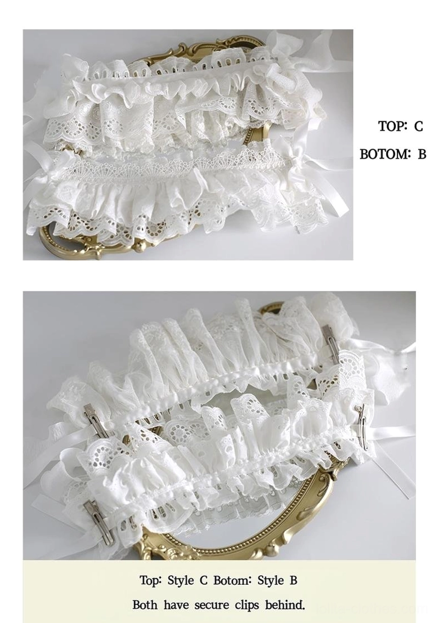 Overhead flat lay comparison of Style B and Style C white ruffled lolita hairbands showing different fluffiness levels and rear clip fastening