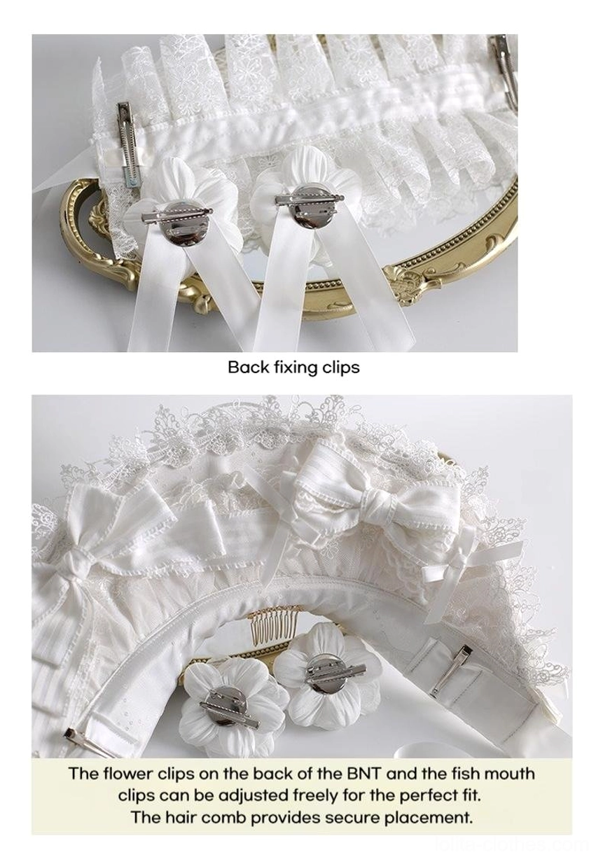 Pure white lolita headdress care and maintenance instructions, detachable clips, and size fit information guide