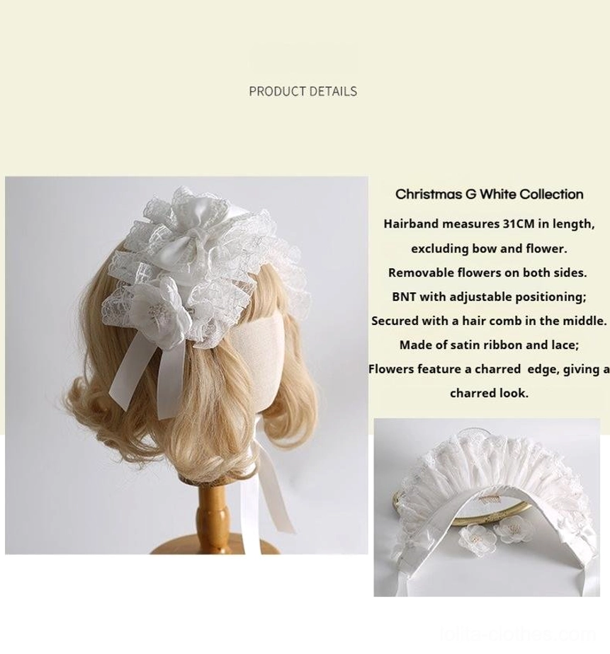 Pure white lolita headdress close-up detail showing intricate lace ruffles, satin bow embellishment, and pearl tassel decoration
