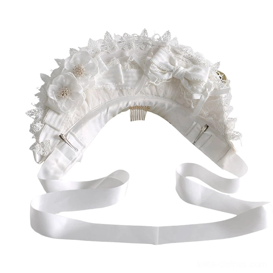 White classic lolita headdress collection display showing complete bonnet set with tiered hairband and detachable flower clips