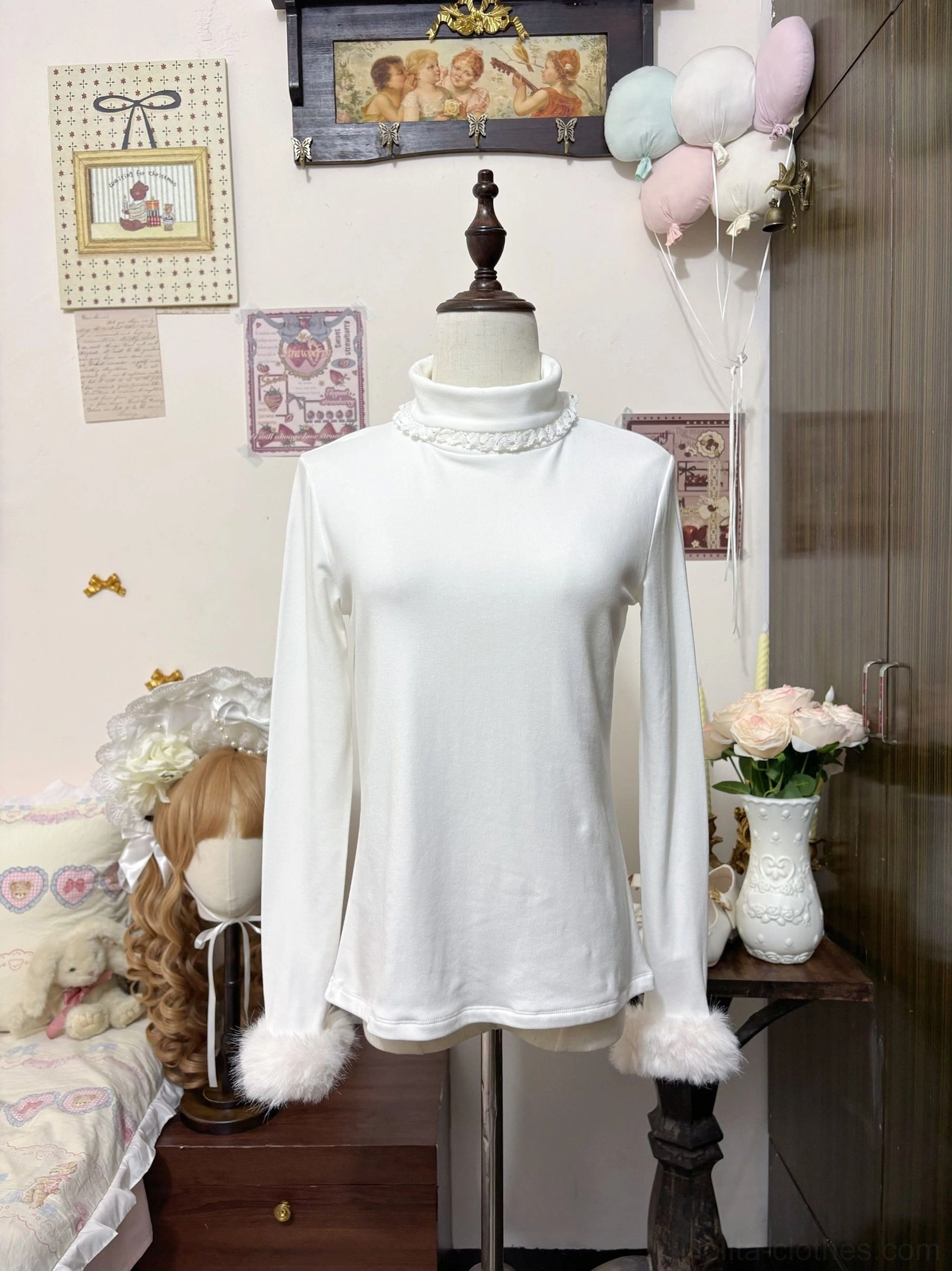 White lolita high-neck turtleneck inner wear with delicate lace trim and fluffy fuzzy cuffs displayed on mannequin in vintage bedroom setting kawaii aesthetic