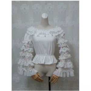 White elegant Lolita Hime detachable arm sleeves with tiered chiffon ruffles and lace inserts front display on dress mannequin