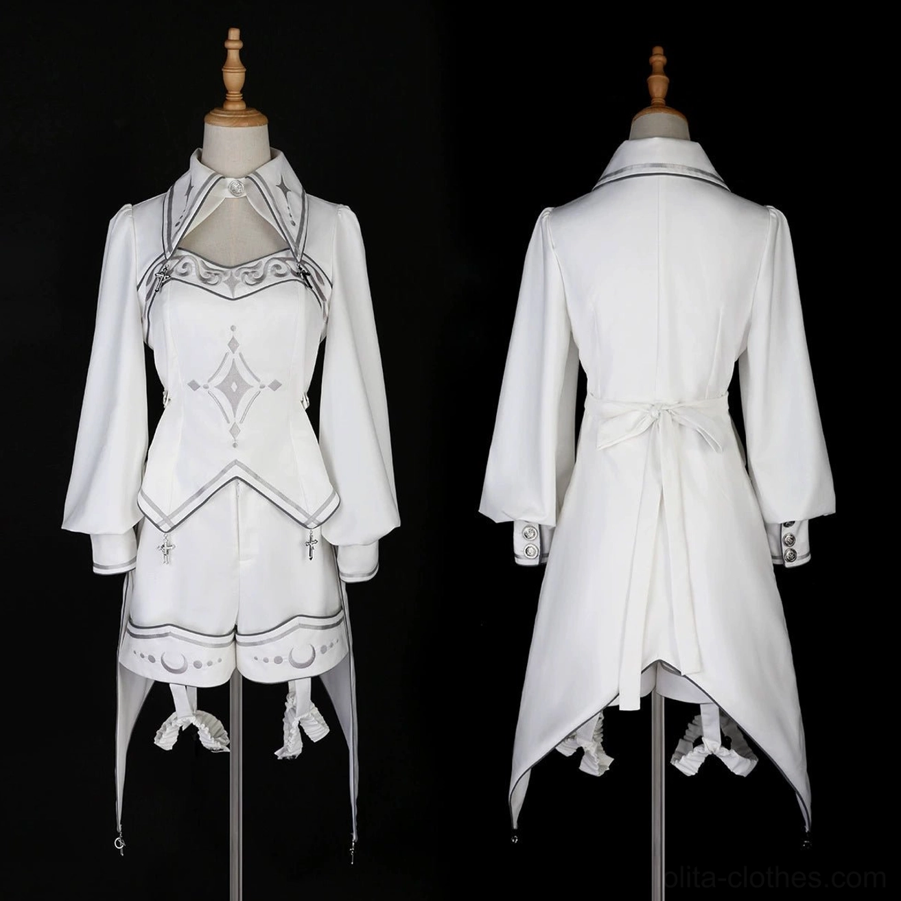 Hooded cape hood detail of punk ouji lolita white cloak set showing draped construction, head covering design, and silver decorative stitching along hood edges