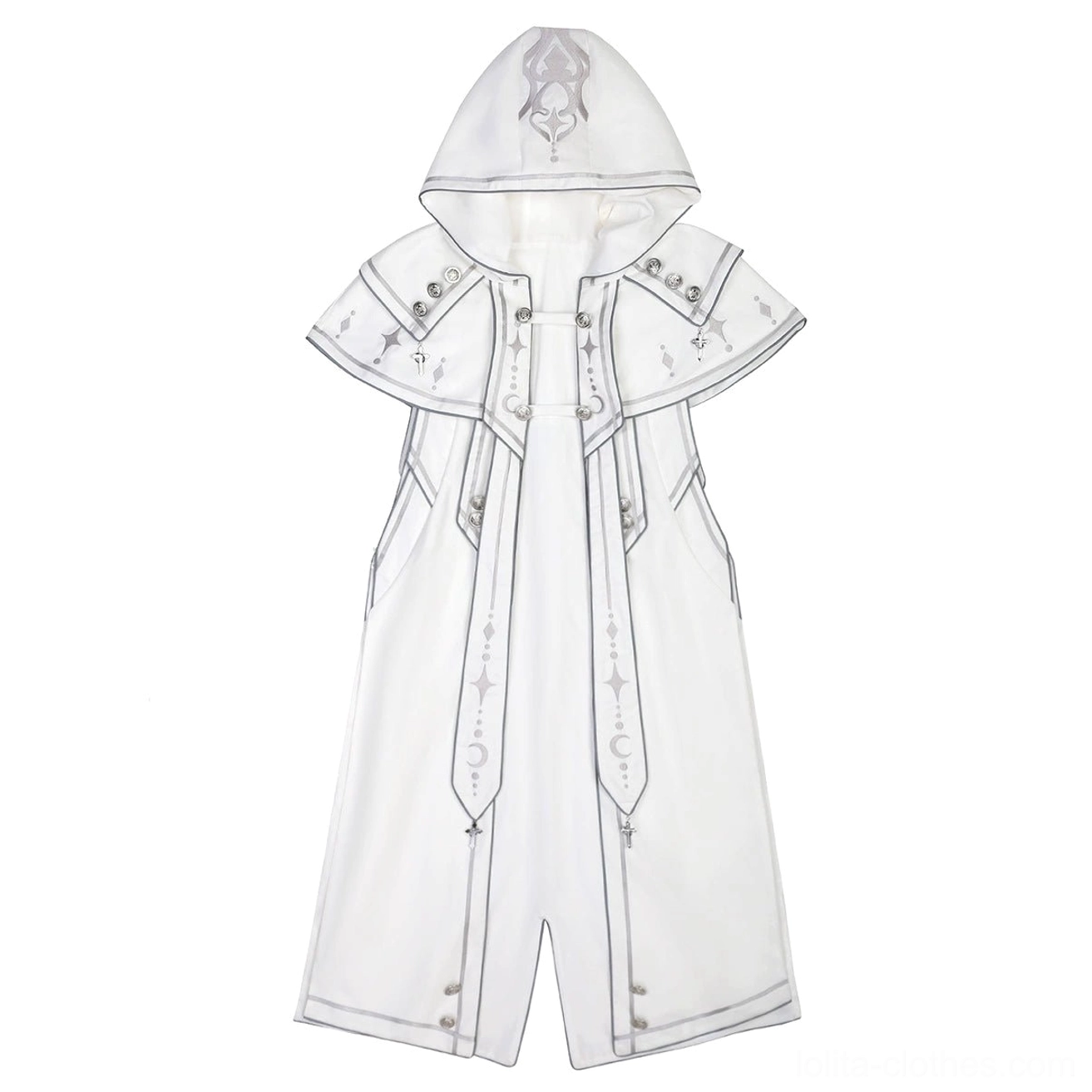 Standalone hooded white cyber-lolita cape component showing split design, silver trim, irregular hemline, and architectural draped silhouette of cape piece