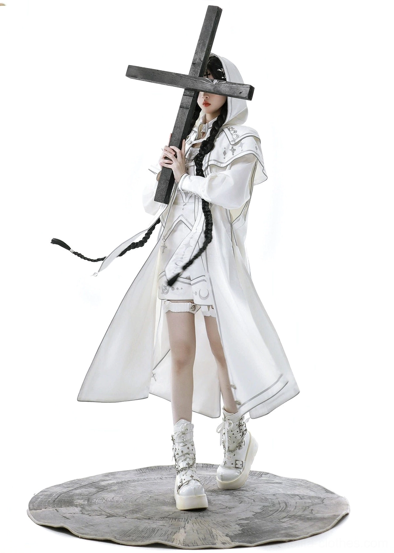 Three-quarter rear view of white lolita cloak set showing flowing hemline with silver decorative stitching, hooded cape design, and celestial-themed embroidery details