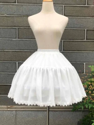 White adjustable lolita hoop petticoat front full view with tiered ruffled chiffon layers and lace hem trim outdoor display