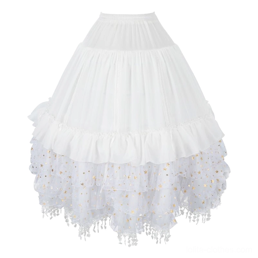 White lolita hoop petticoat full front view on dress form mannequin with tiered ruffled waist hem and layered star sequin tulle tassel trim