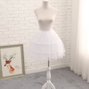 white lolita hoop petticoat full front display view showing two-tiered tulle layers elastic waistband and delicate lace hem edge detail