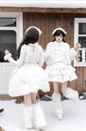 White lolita jumper skirt dress set back view rear angle two models fuzzy trim hem fuzzy leg warmers teddy bear accessory
