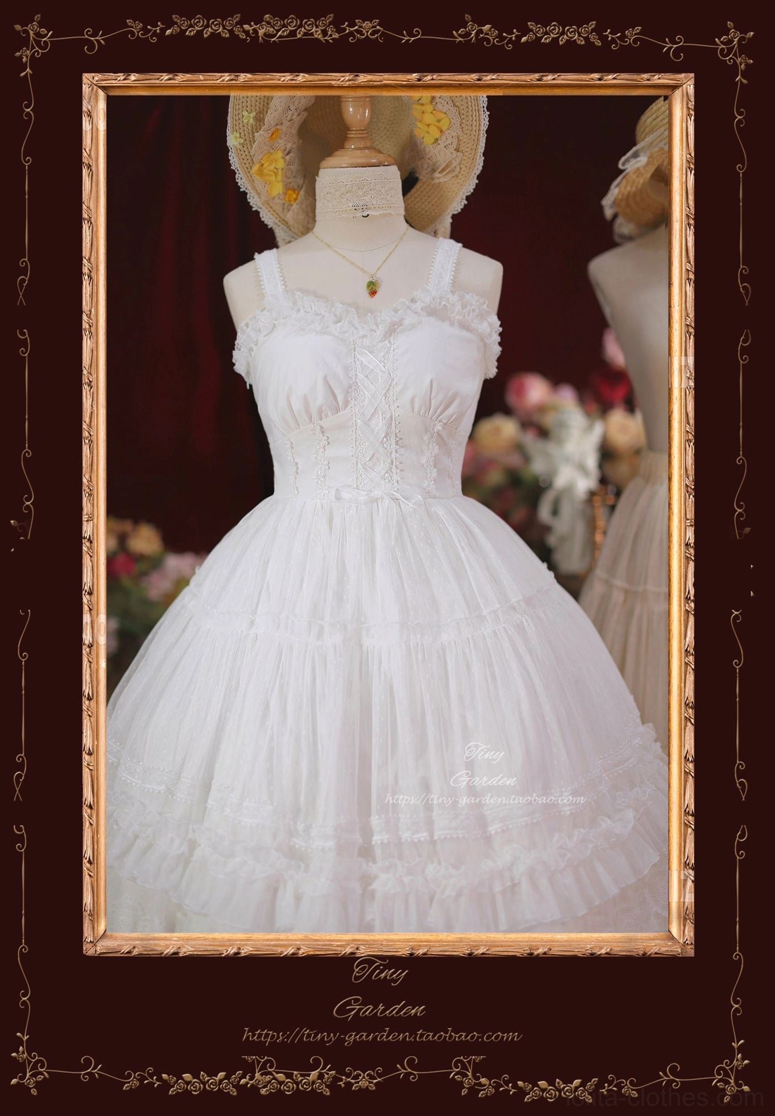 Pure white lolita JSK dress showcasing intricate corset bodice with lace trim spaghetti straps full layered ruffled skirt and smooth satin fabric construction in close-up front view vintage dark red gilt frame setting with floral ornaments