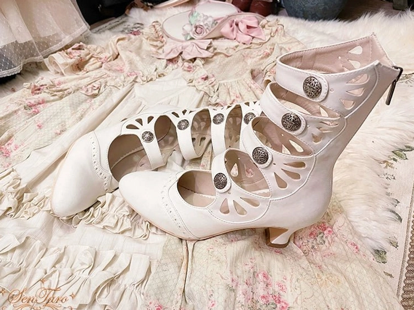 White Lolita Mary Jane ankle boots with floral hollow-out design metal buckles and wine glass heel color variant