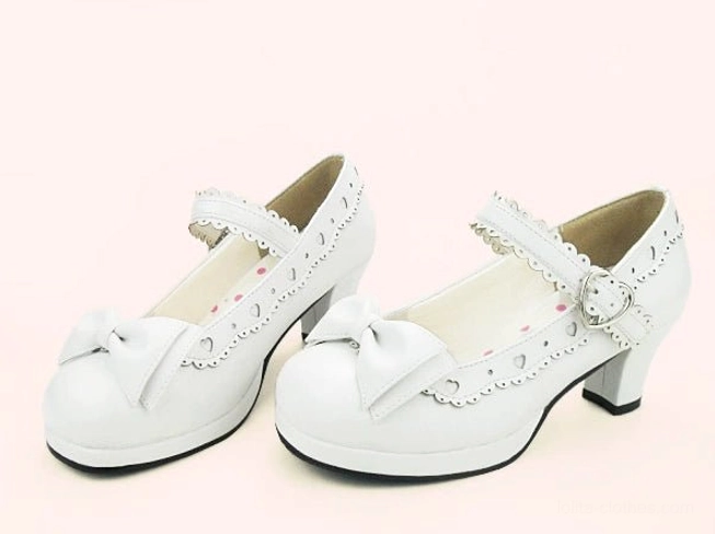 White lolita mary jane heel shoes front three-quarter view showing scalloped heart edge trim platform