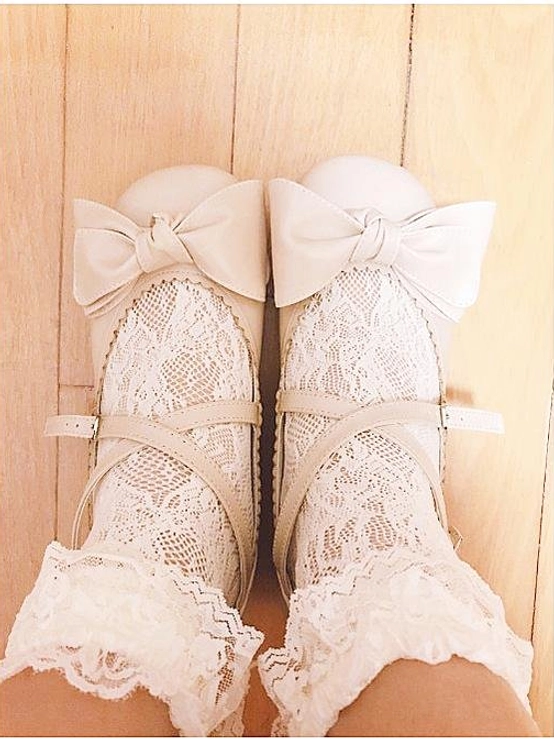 White bow cross-strap low heel lolita leather shoes mary jane style round toe design
