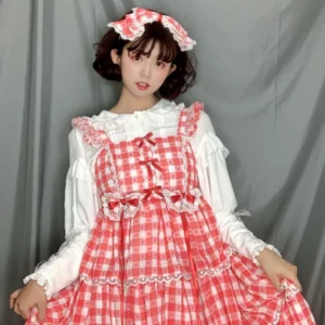 White lolita mutton sleeve blouse with lace ruffled round neckline and tied cuffs front view